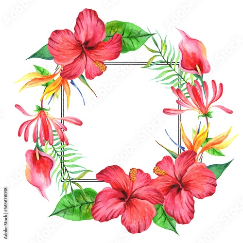 
Watercolor frame with hibiscus flower, tropical flowers and leaves.