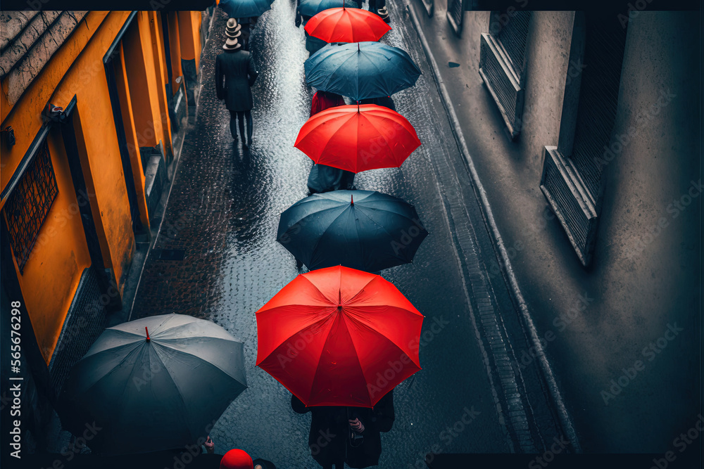 a group of people walking down a street holding umbrellas in the rain ...