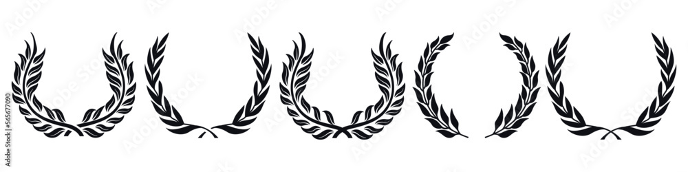 Set of black laurel wreaths and branches with leaves. Laurel wreath vector icon. Award, success, champion signs. Silhouette laurel foliate wreaths, achievement, heraldry. chaplet, trophy.