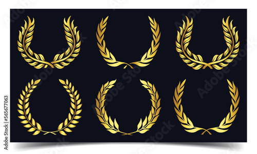 Gold laurel wreath. Golden silhouette laurel foliate wreaths award, achievement, chaplet, heraldry, nobility.Gold award laurel wreath on dark background. Vector illustration. 