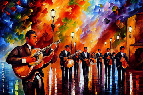 Mexican mariachi on zocalo in the evening performing a song illustration, latino street musicians in traditional costumes , Generative AI