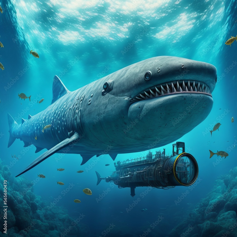 Naklejka premium shark and diver Generative AI