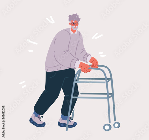 Vector illustration of Old man walking with rollator.