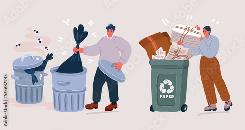 Vector illustration of people sorting trash and they are not concept. Woman put paper wasting into recycle container. Environment care. Man throw garbige in Dirty trash can