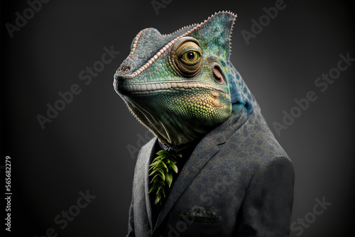 portrait of a cameleon  in a business suit, generative ai