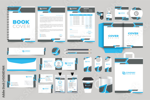 Brand identity template stationery vector with blue and dark colors.  Modern business advertisement design collection for marketing. Corporate identity envelope, ID card, and invoice template vector.