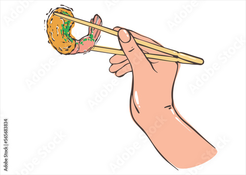 A hand holds a fried shrimp with spices with chopsticks. Shrimps in tempera on a white background. Asian traditional cuisine. Vector illustration in a flat style.