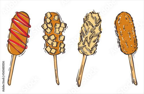 Set of Korean corn dogs. Street Asian food. Vector illustration in a flat style.