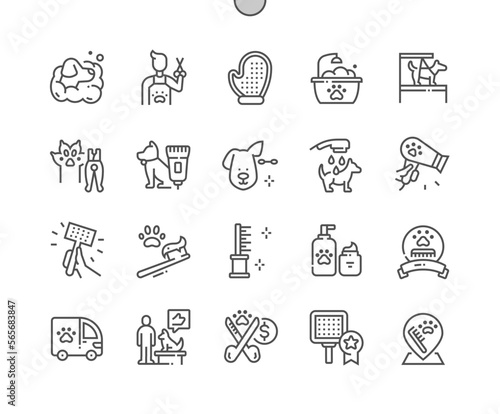 Pet grooming. Clean dog ear. Bathing. Pets nail clipper. Pets care. Pixel Perfect Vector Thin Line Icons. Simple Minimal Pictogram