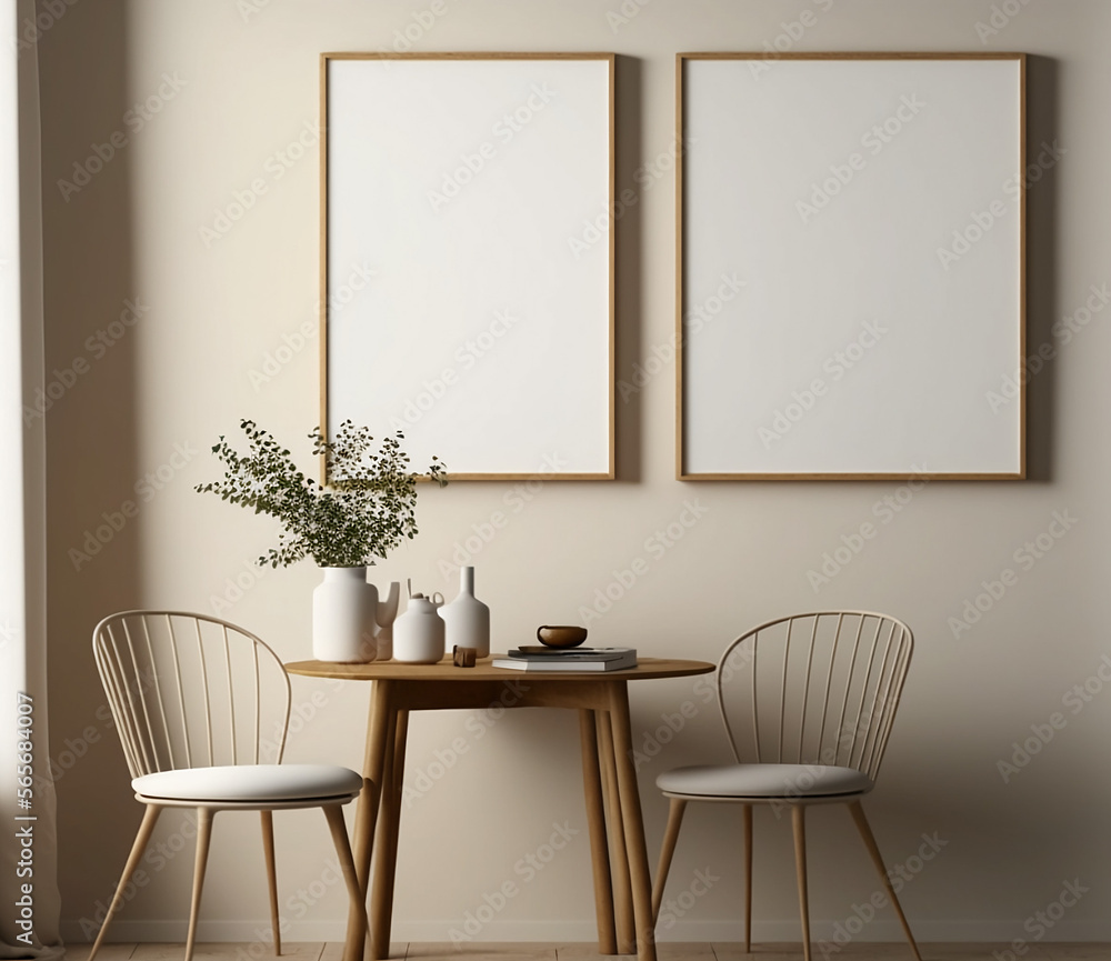 Fototapeta premium beige living room design, Blank picture frame mockup on beige wall, modern Boho style interior with wood table and two chairs