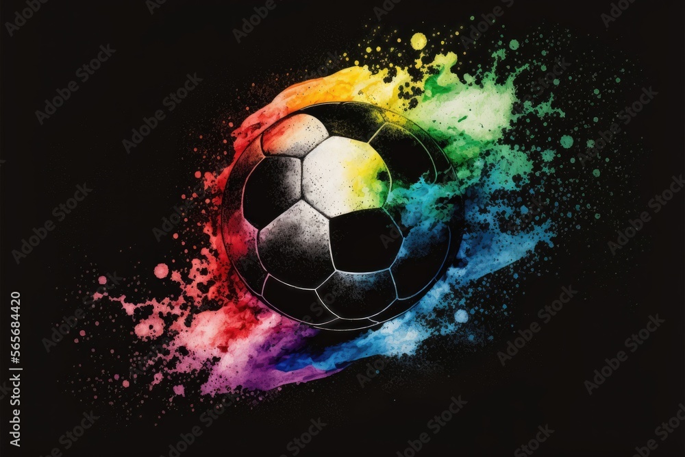 Fototapeta premium Illustration of soccer ball made with rainbow watercolors. Generative AI 