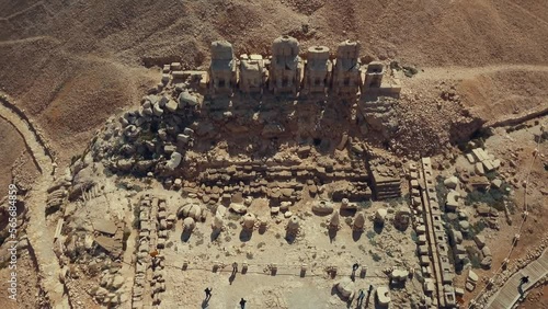Top view of Commagene statue ruins on top of Mount Nemrut in Adıyaman, Turkey.