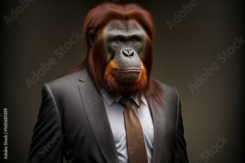 portrait of a orangutan in a business suit, generative ai