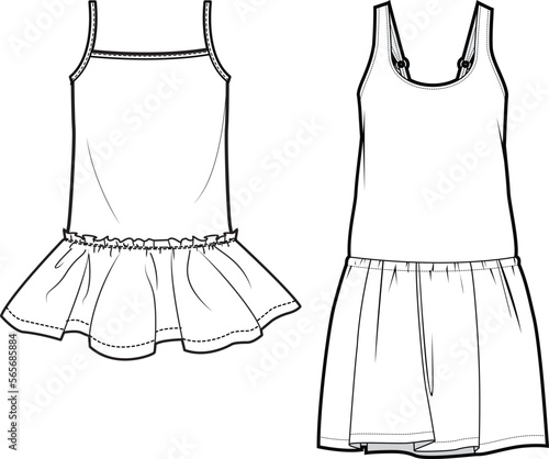 Girls Sleeveless Low Waist Dress  Set Fashion Illustration, Vector, CAD, Technical Drawing, Flat Drawing, Template, Mockup.	