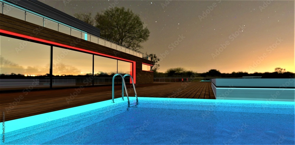 Steel ladder to the pool on the rooftop of the contemporary upscale villa at predawn time under the night starry sky. 3d rendering.