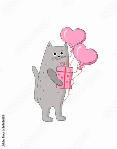 Cartoon cat with a gift box and a heart shaped balloon. Cute icon of a kitten with a gift in a holiday package.
