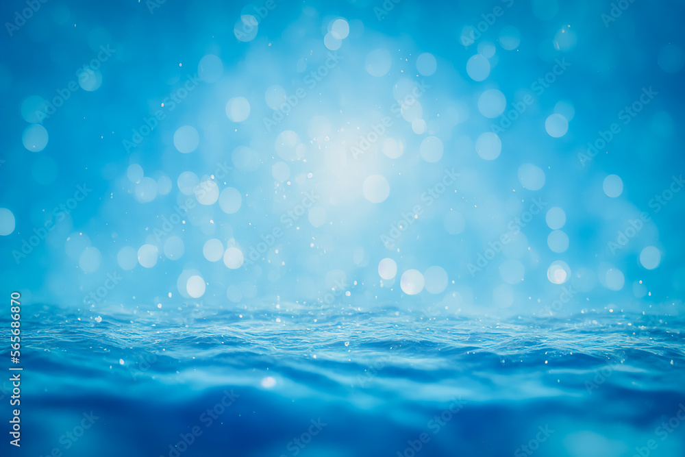 Bright water surface with blue bokeh and glitter effects. - obrazy, fototapety, plakaty 