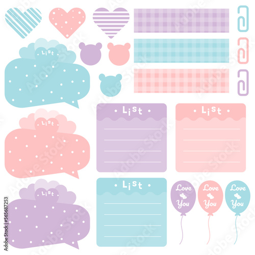 Cute blank paper notes. Stationery organizer set. Scrapbook notes and memo schedule.Printable planner stickers. To Do List sticky note pad. Digital planning element. Vector illustration.