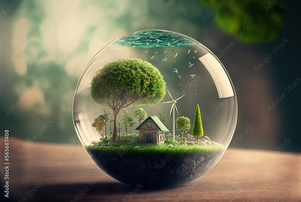 Grüne Umwelt in einer Glaskugel, Konzept einer grünen Welt im kleinen. Energie und Natur. Landschaft und Welt darstellung im Glas. Grüne Umwelt in einer Glaskugel, Konzept einer grünen Welt im kleinen. Energie und Natur. Landschaft und Welt darstellung im Glas.