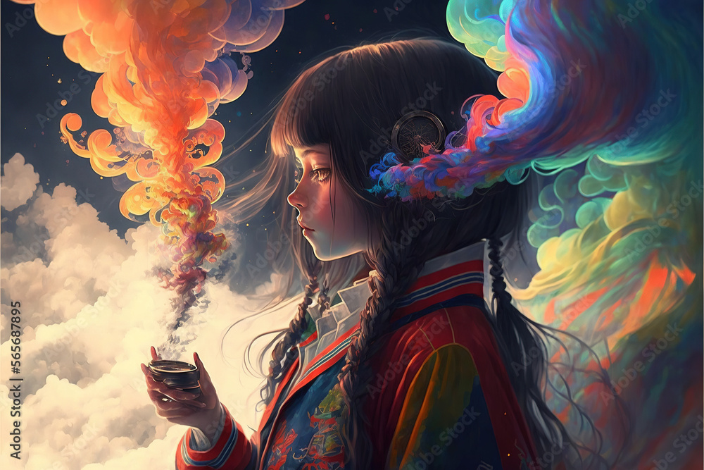 Chinese anime girl vaping clouds of rainbow, Generative AI Stock  Illustration | Adobe Stock