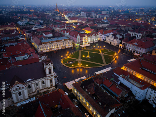 The Unirii Square from Timisoara at the blue hour with view of the city  Timisoara the European Capital of Culture in 2023