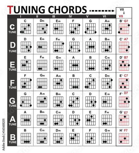 Chord Chart Standard Tuning basic for beginners. Chord Progression Chart. You can use it for the web, app, lesson, school, etc. Chords name formula. Vector Illustration.
 photo