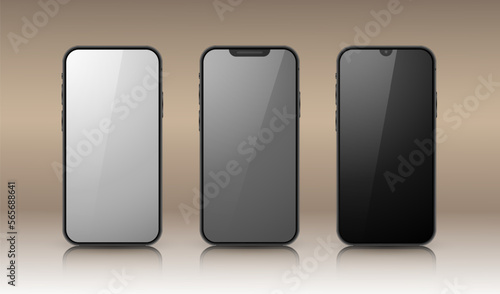A set of three smartphones on a beige background. Realistic 3D models of mobile phones with shadows and highlights. Vector illustration.