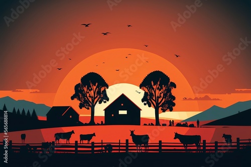 farmhouse at sunset