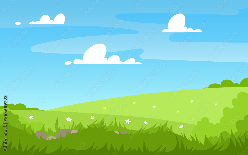 Fototapeta premium Vector illustration of beautiful summer landscape fields, flowers, trees green hills, blue sky bright color, clouds country background in flat banner cartoon style.