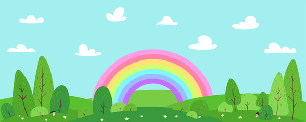 Ingelijste posters Regenboog Cartoon zomerbos met paddenstoelen  ©  Tati. Dsgn