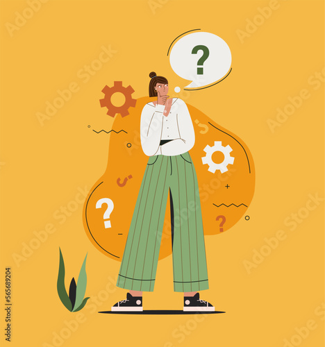 Young woman before making a decision thinks question.Girl with speech bubble and choice question.Doubt of her choice.Template of thinking person.Problem solving concept.Brainstorm for business.Vector
