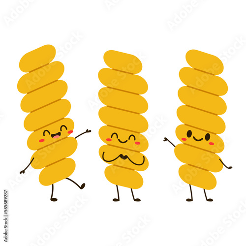 Fusilli pasta isolated on white background. Icon of fusilli pasta. Food is symbol of italian cuisine menu. Cartoon macaroni mascot.