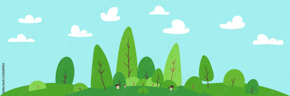 Vector illustration of beautiful summer landscape forest, mushrooms, trees, bushes, green hill, blue sky bright color, clouds, woods background in flat banner cartoon style. Nature in Children style.