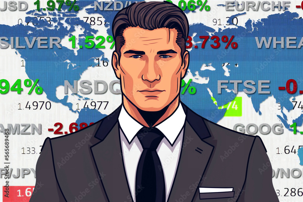 young cartoon comix businessman standing in front of a real stock market wold map chart - new quality creative financial business stock image design young cartoon comix businessman standing in front of a real stock market wold map chart - new quality creative financial business stock image design