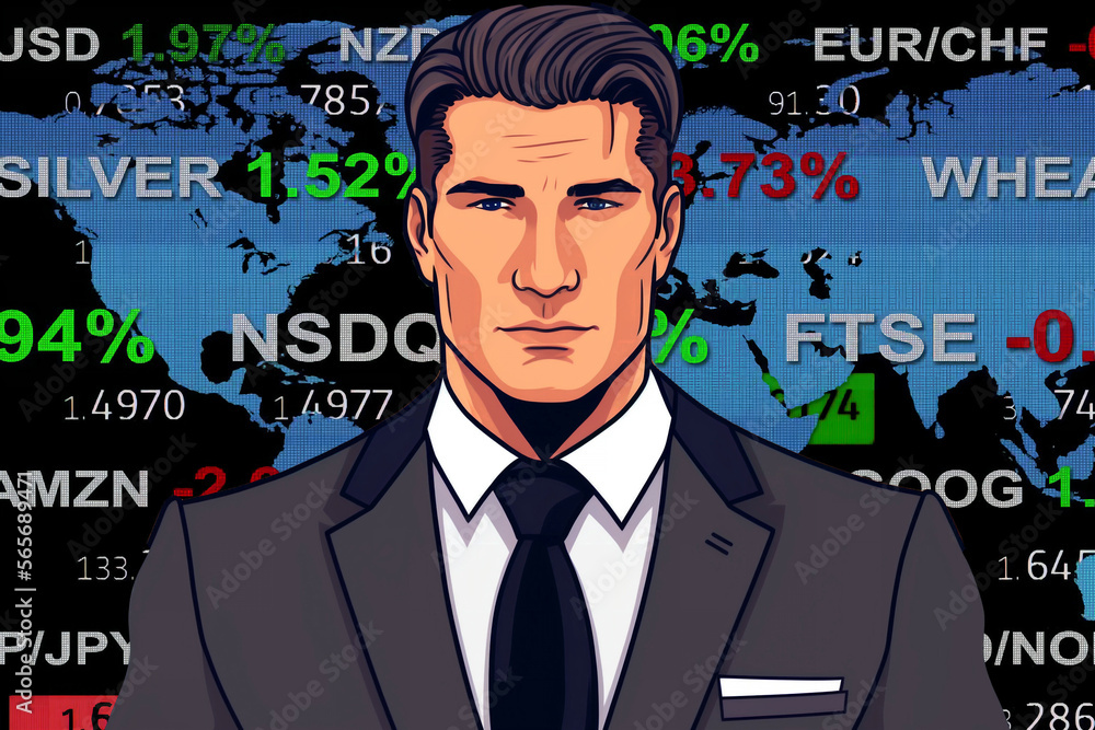 young cartoon comix businessman standing in front of a real stock market wold map chart - new quality creative financial business stock image design young cartoon comix businessman standing in front of a real stock market wold map chart - new quality creative financial business stock image design