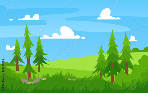 Vector illustration of beautiful summer landscape fields, flowers, tall grass, pine trees, green hills, spruce, blue sky, clouds forest background in flat banner cartoon style. Spring season.