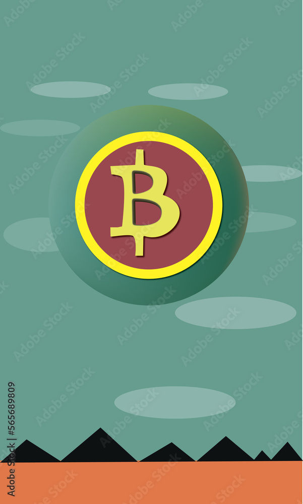 coin with bitcoin symbol in sky with clouds over land, desert, mountains. Bitcoin. Physical bitcoin. Digital cryptocurrency. coin with bitcoin symbol in sky with clouds over land, desert, mountains. Bitcoin. Physical bitcoin. Digital cryptocurrency.