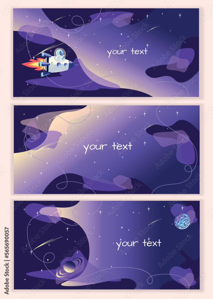 Vector set of space backgrounds with planets in the starry sky, astronaut and rocket in cartoon style and copy space for text.