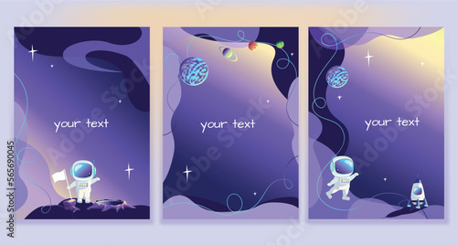 Vector set of space backgrounds with planets in the starry sky, astronaut and rocket in cartoon style and copy space for text.