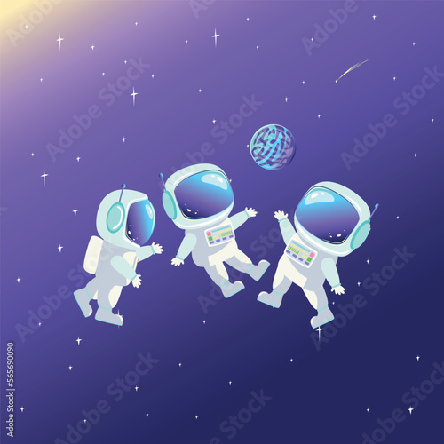 Three astronauts in a spacesuit fly in open space against the backdrop of the starry sky and a blue planet. Space travel and exploration. Vector illustration of a blot in cartoon style.