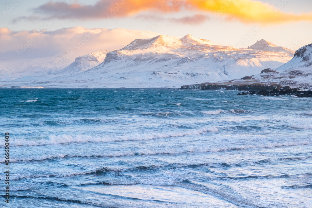 Seascape With Mountains in Winter, Sunset Fluffy Clouds and Stormy Sea, Iceland