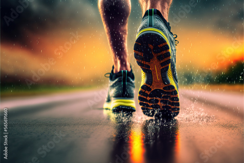 Jogger läuft bei Regen im Sonnenuntergang