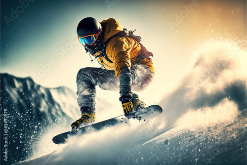 Snowboarder close up in epic mountain