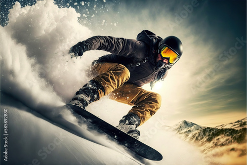 Snowboarder close up in epic mountain