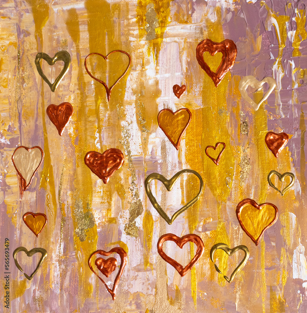 Drawing of bright red harts, small large heartshaped silhouettes