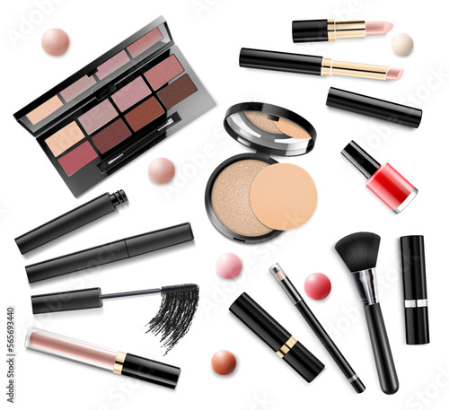 Makeup set. Realistic cosmetic products: eye shadow, powder, blush, eyeliner, concealer, lipstick and lip gloss, foundation, nail polish, mascara, and makeup brushes isolated on white background.