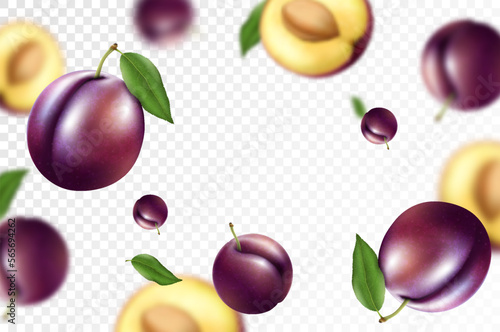 Falling plums  isolated on transparent background. Flying whole and sliced plum fruits with blurry effect. Can be used for advertising  packaging  banner. Realistic 3d vector illustration