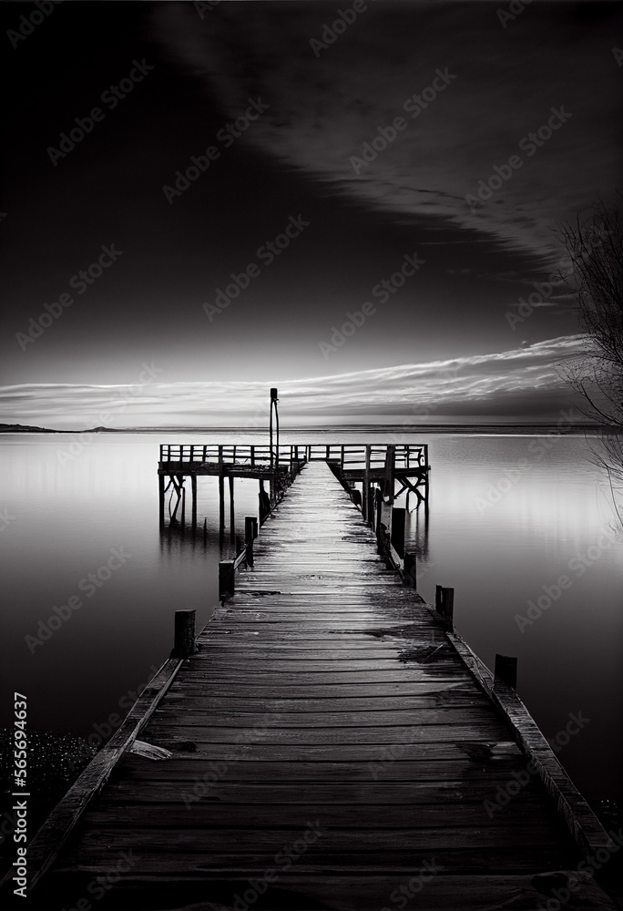 Fototapeta premium Lonely Jetty Black and White Phtography Abstract Wall Art, Contemporary, high quality, posters, Printable decor, living room, minimalist, painting prints, office gift, modern, Generative AI