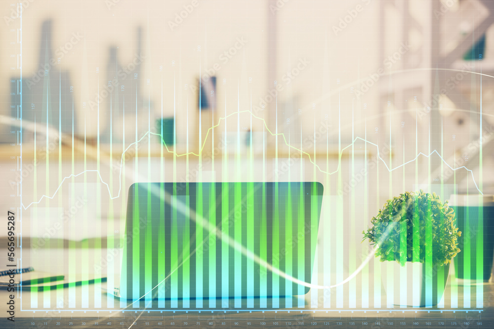 Stock market graph on background with desk and personal computer. Multi exposure. Concept of financial analysis. Stock market graph on background with desk and personal computer. Multi exposure. Concept of financial analysis.