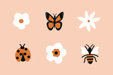 Set of garden animal illustration. Collection of flower, bug, butterfly and bee